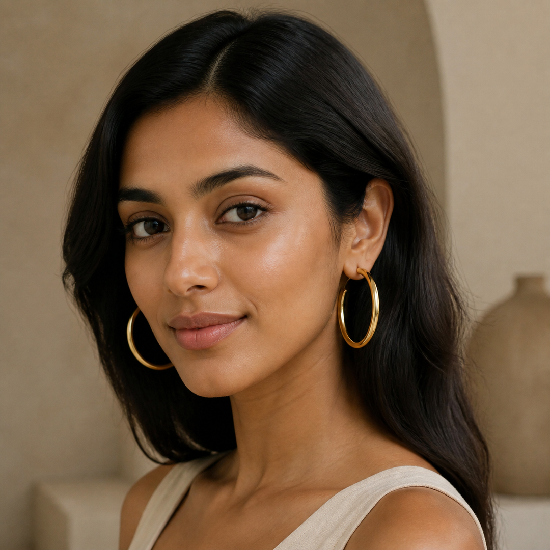 Large Tube Hoop Earrings - Gold-Plated Brass - on-model detail - Tarashya Jewels