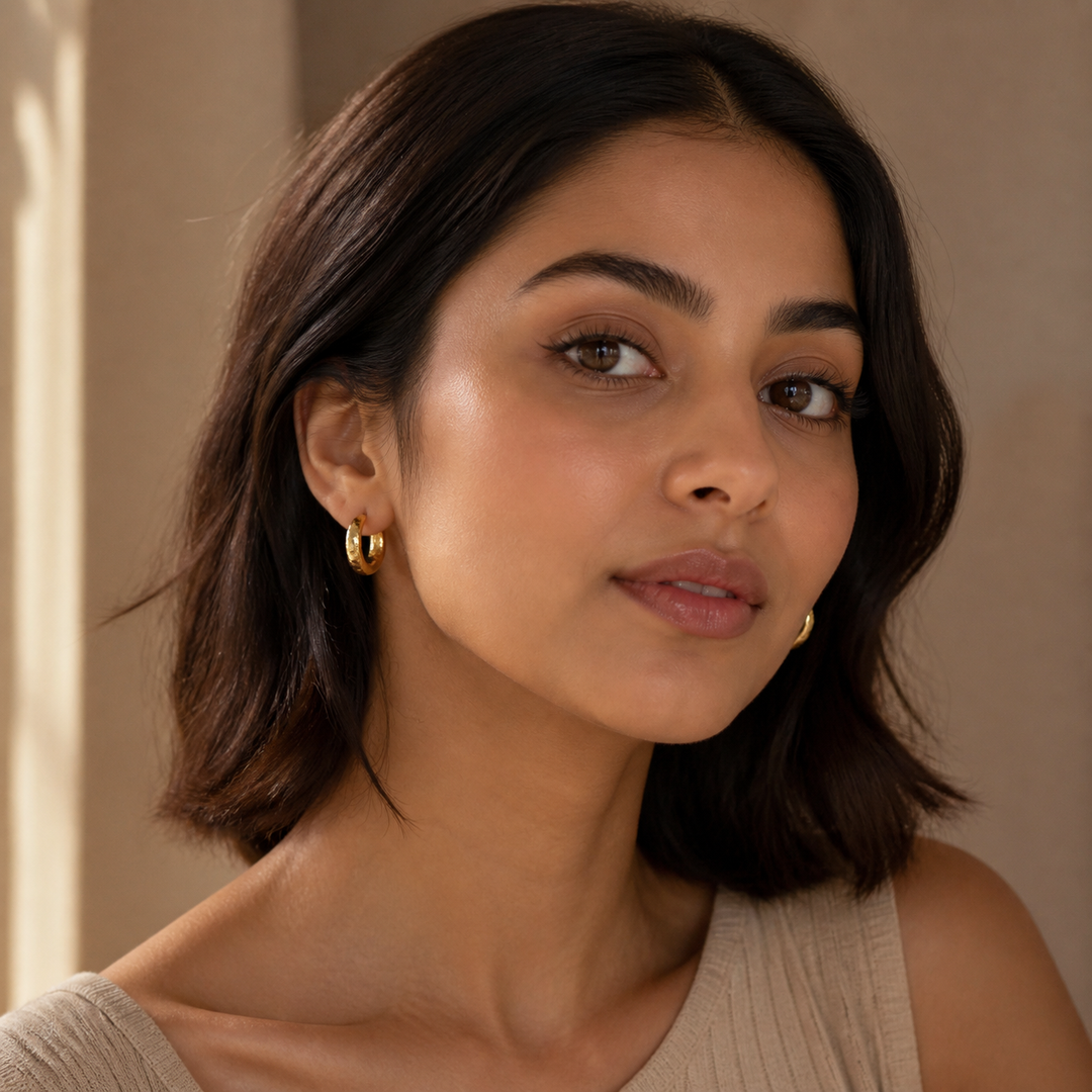25 mm Hammered Hoop Earrings - Gold-Plated Brass - on-model detail - Tarashya Jewels