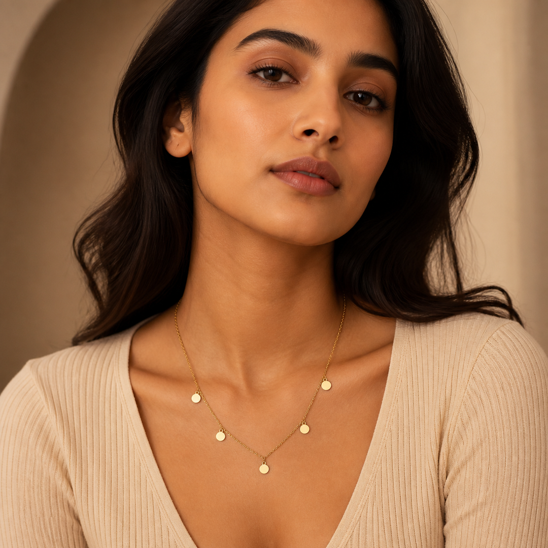 Small Coin Necklace - Brass - on-model detail - Tarashya Jewels