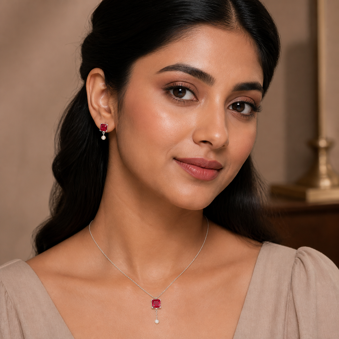 Red CZ Pendant Necklace & Earring Set - 925 Sterling Silver - on-model detail - Tarashya Jewels
