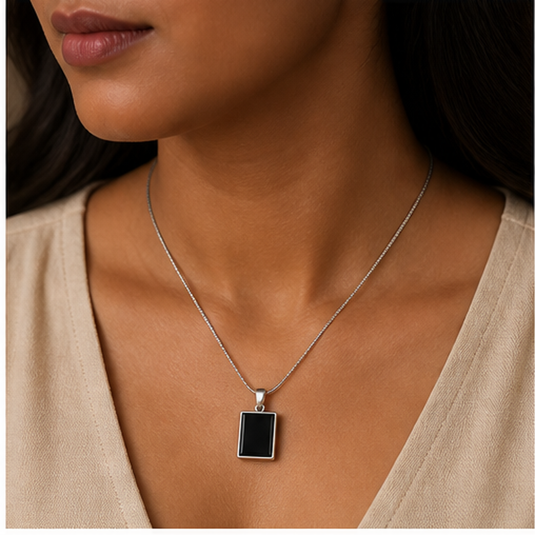Black Pendant Necklace - Brass - on-model detail - Tarashya Jewels