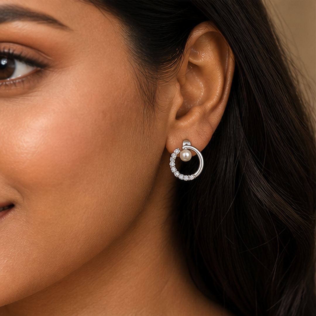 Dainty Pearl Earrings - 925 Sterling Silver - on-model detail - Tarashya Jewels