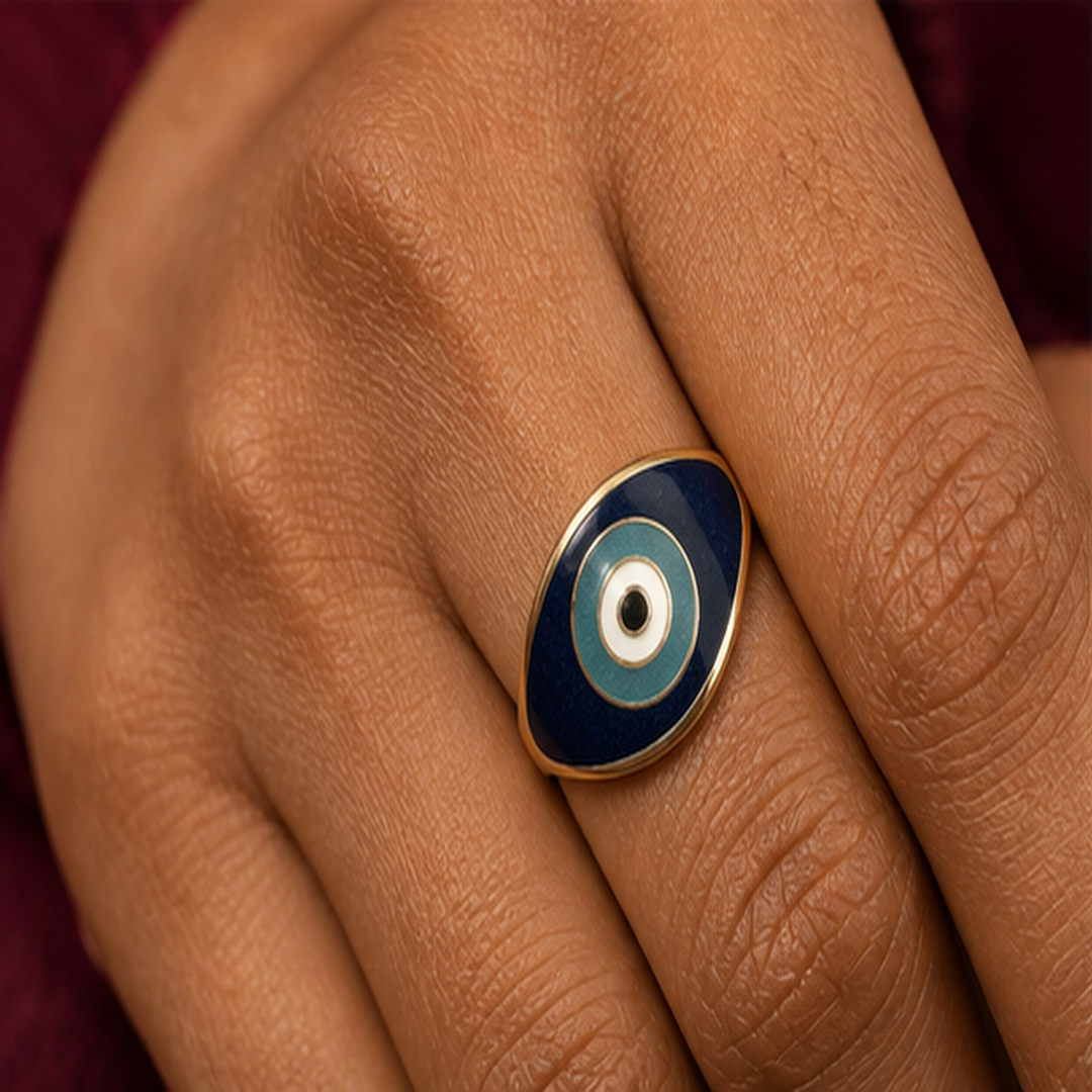 Enamel Evil Eye Adjustable Ring - Brass - on-model detail - Tarashya Jewels