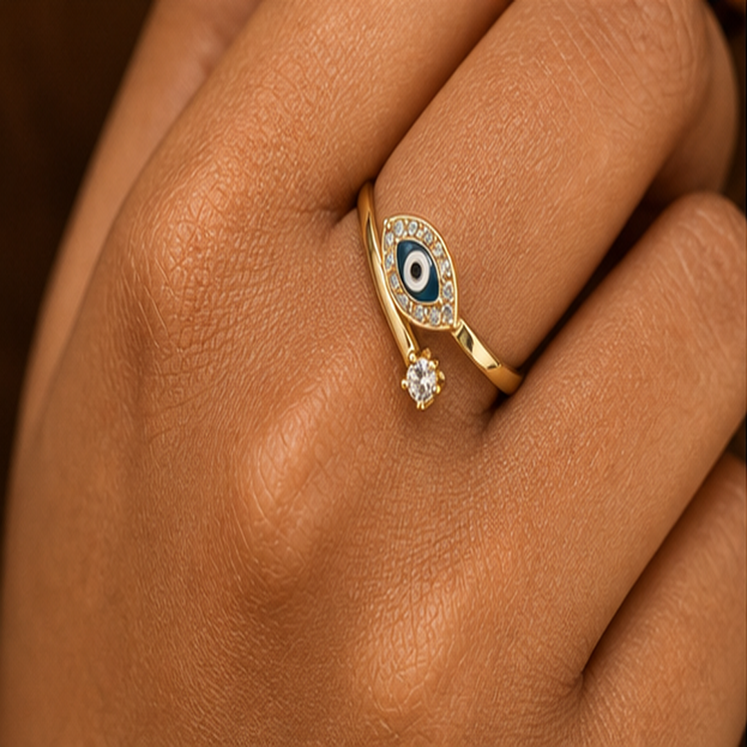 Evil Eye Adjustable Ring - Brass - on-model detail - Tarashya Jewels