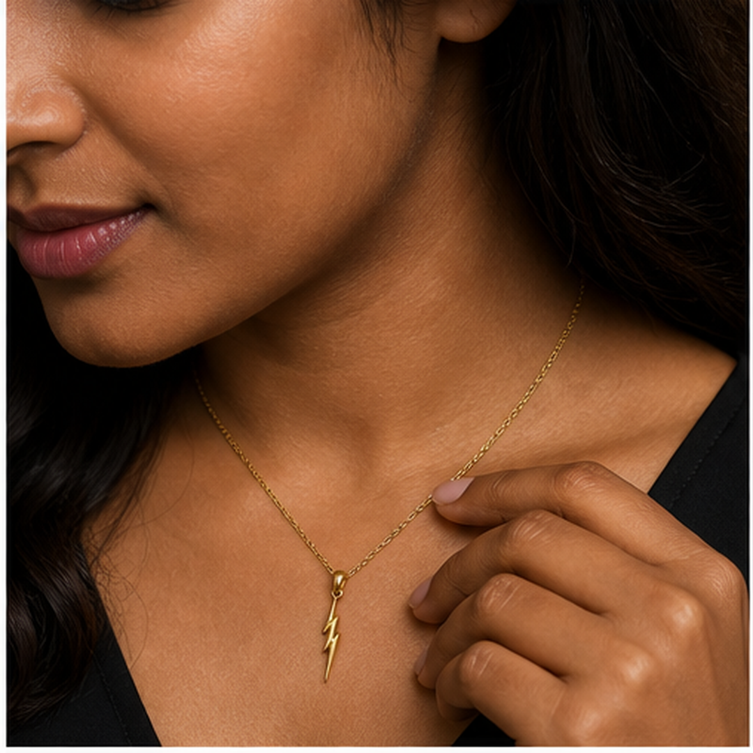 Lightning Bolt Necklace - Brass - on-model detail - Tarashya Jewels