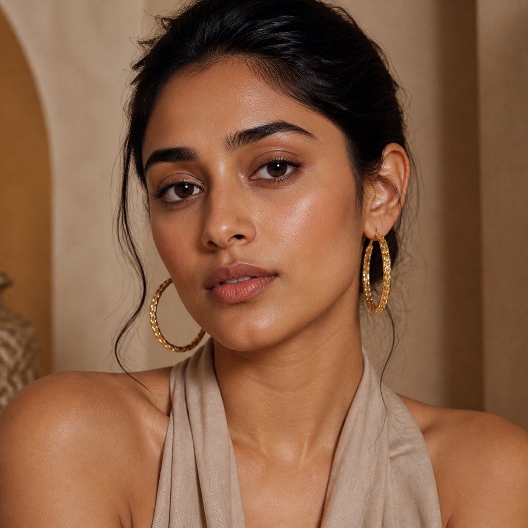 45 mm Cuban Hoop Earrings - Gold-Plated Brass - on-model detail - Tarashya Jewels