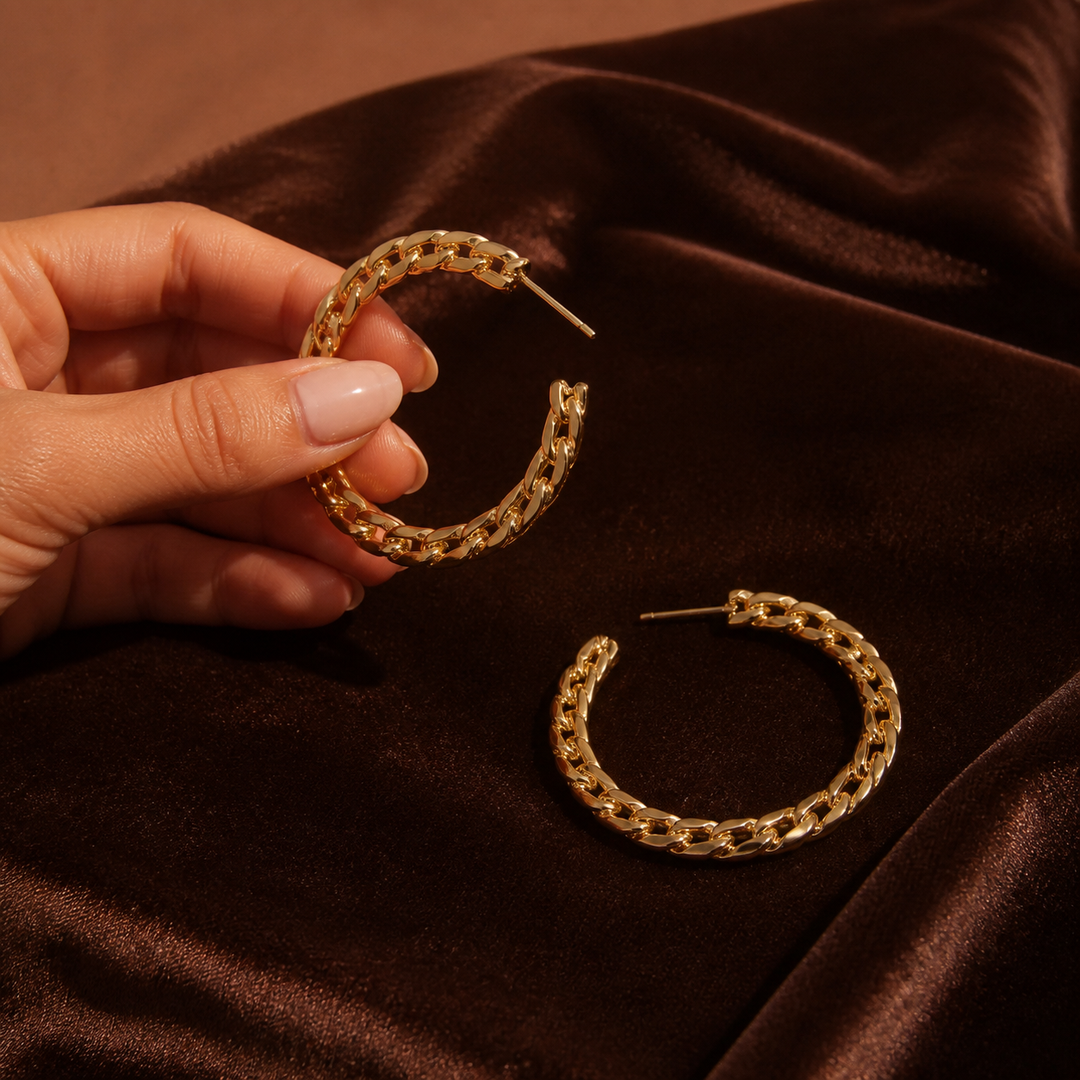 45 mm Cuban Hoop Earrings - Gold-Plated Brass - hand-held scale view - Tarashya Jewels