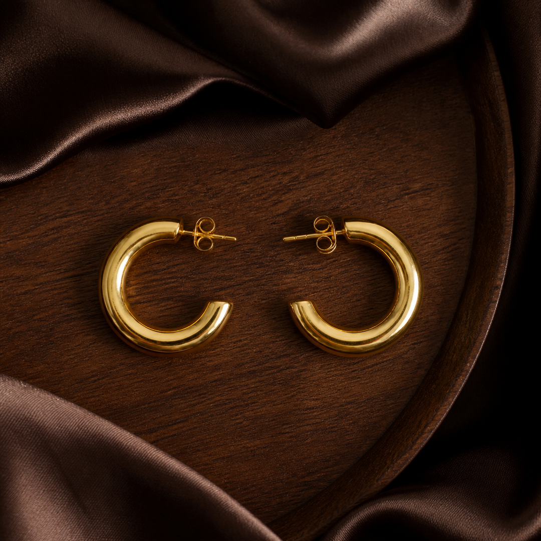 25 mm C-Shaped Hoop Earrings - Gold-Plated Brass - flat lay - Tarashya Jewels