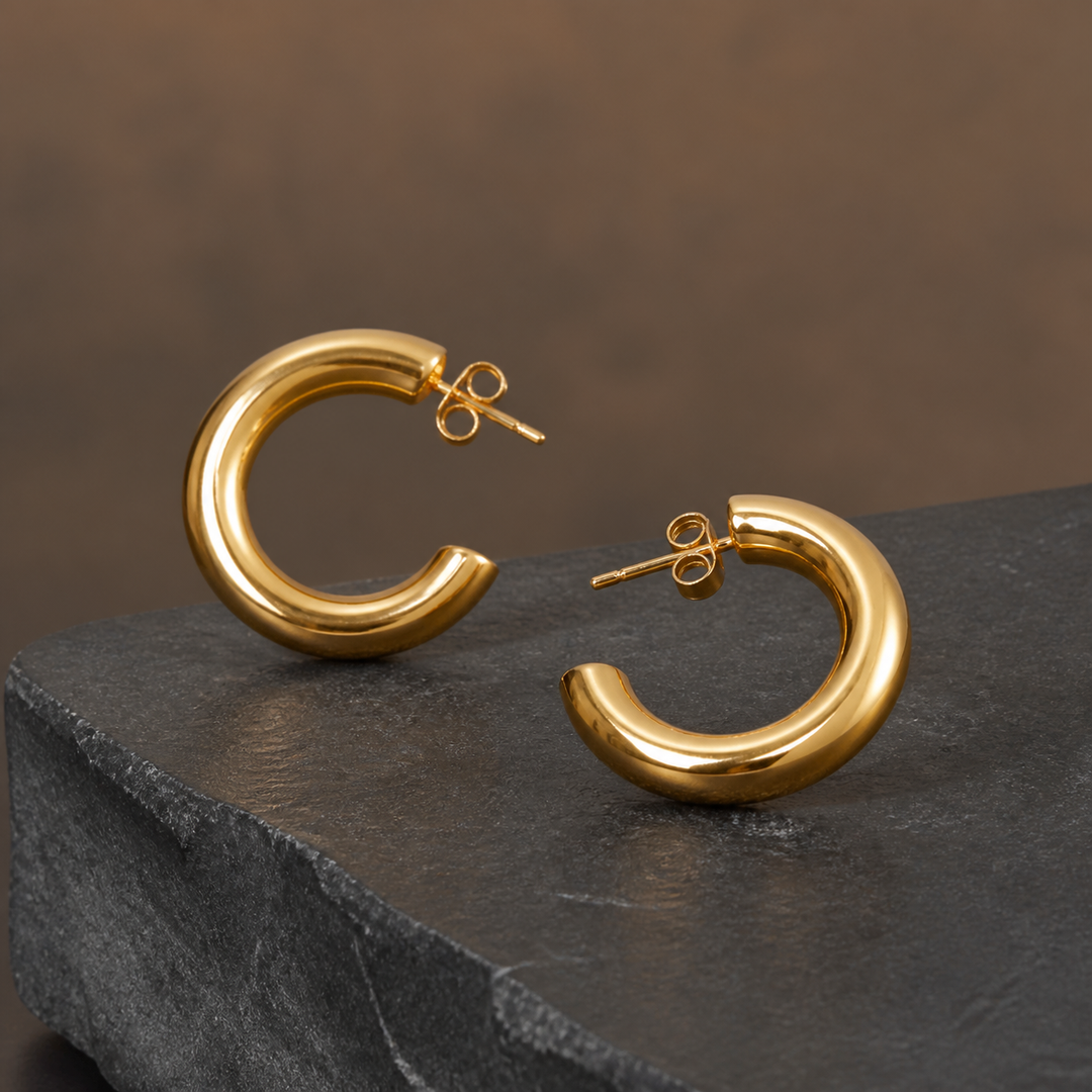 25 mm C-Shaped Hoop Earrings - Gold-Plated Brass - angled product view - Tarashya Jewels