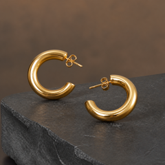 25 mm C-Shaped Hoop Earrings - Gold-Plated Brass - angled product view - Tarashya Jewels