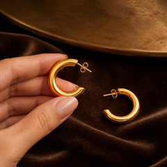 25 mm C-Shaped Hoop Earrings - Gold-Plated Brass - hand-held scale view - Tarashya Jewels