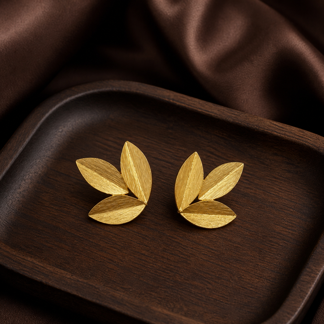 Leaf Earrings - Gold-Plated Brass - flat lay - Tarashya Jewels