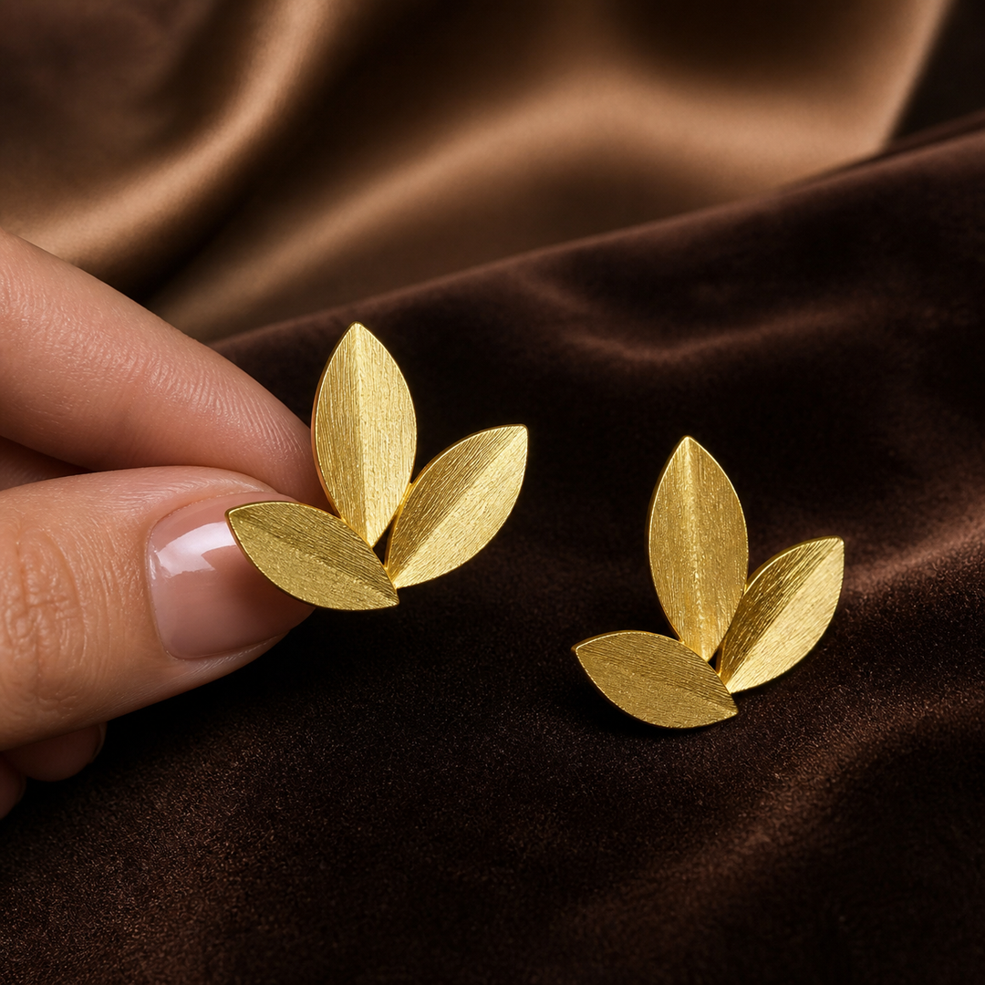 Leaf Earrings - Gold-Plated Brass - hand-held scale view - Tarashya Jewels