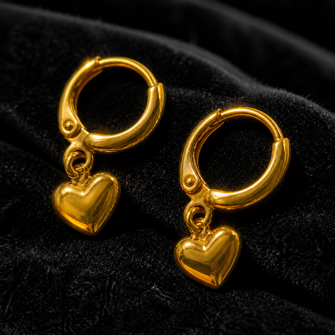 Mini Heart Huggie Earrings - Gold-Plated Brass - close-up detail - Tarashya Jewels