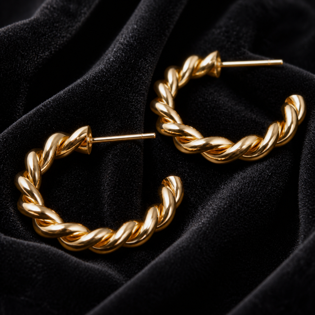 Twisted Bold Hoop Earrings - Gold-Plated Brass - close-up detail - Tarashya Jewels