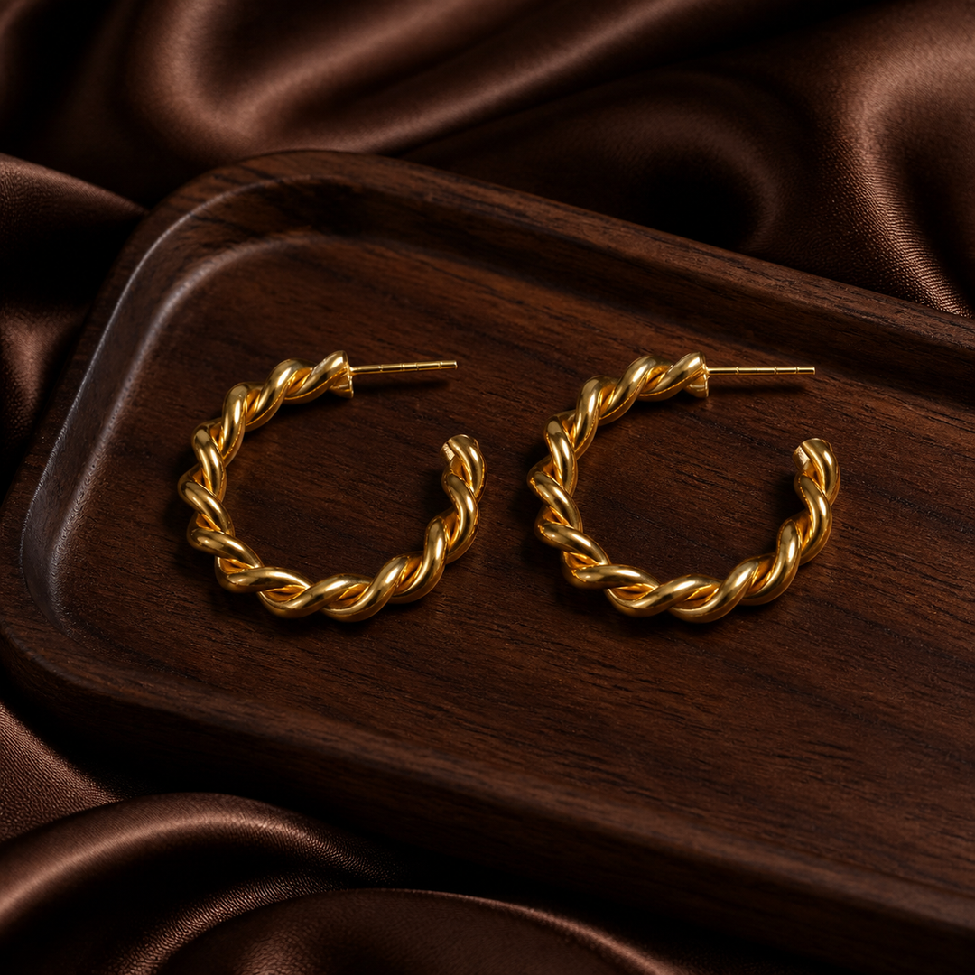 Twisted Bold Hoop Earrings - Gold-Plated Brass - flat lay - Tarashya Jewels