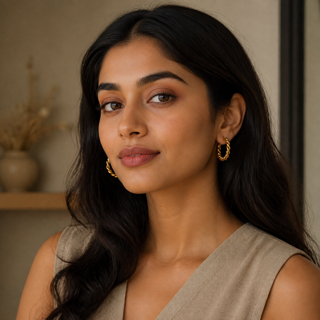 Twisted Bold Hoop Earrings - Gold-Plated Brass - on-model detail - Tarashya Jewels
