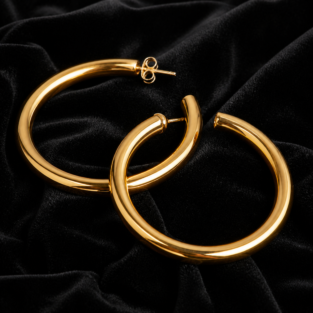 Large Tube Hoop Earrings - Gold-Plated Brass - close-up detail - Tarashya Jewels