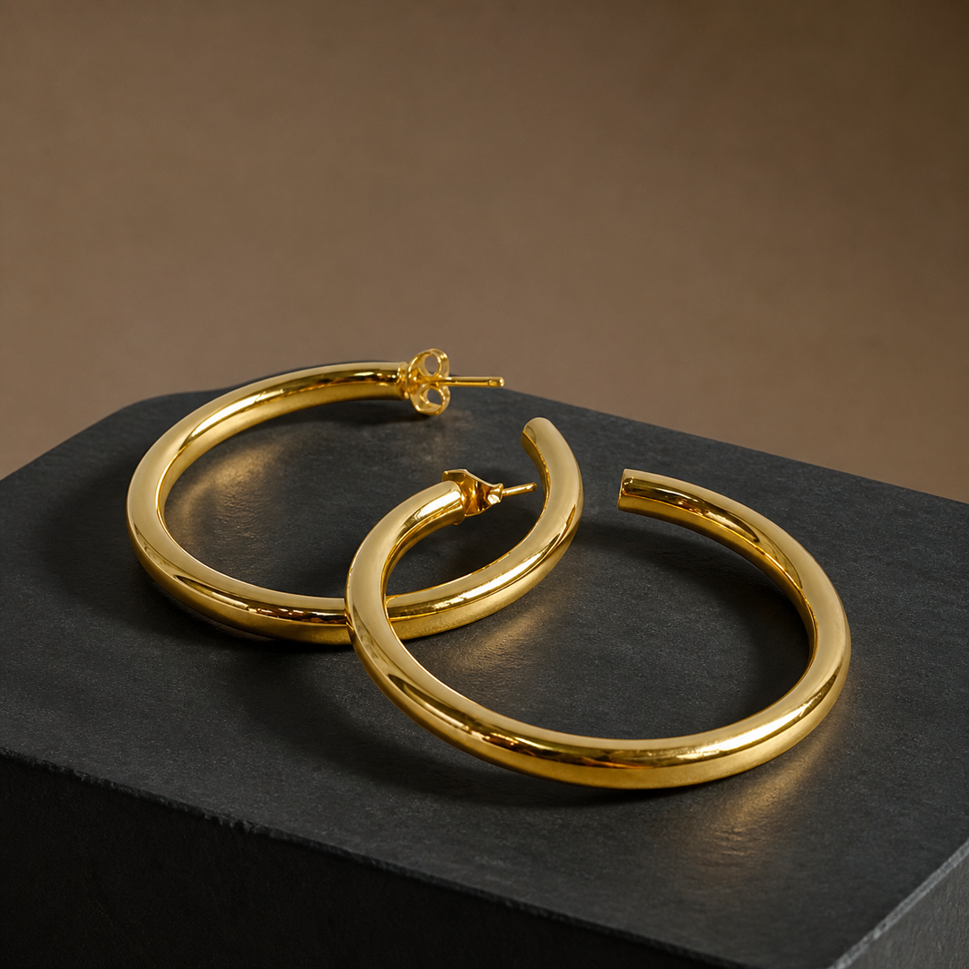 Large Tube Hoop Earrings - Gold-Plated Brass - angled product view - Tarashya Jewels