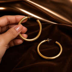 Large Tube Hoop Earrings - Gold-Plated Brass - hand-held scale view - Tarashya Jewels