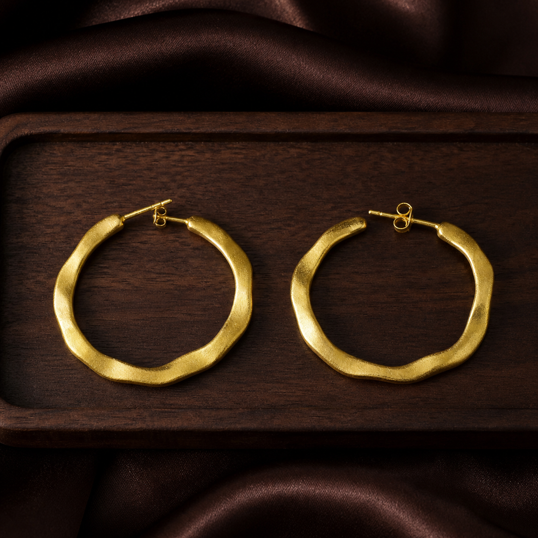 Wavy Medium Hoop Earrings - Brass - flat lay - Tarashya Jewels