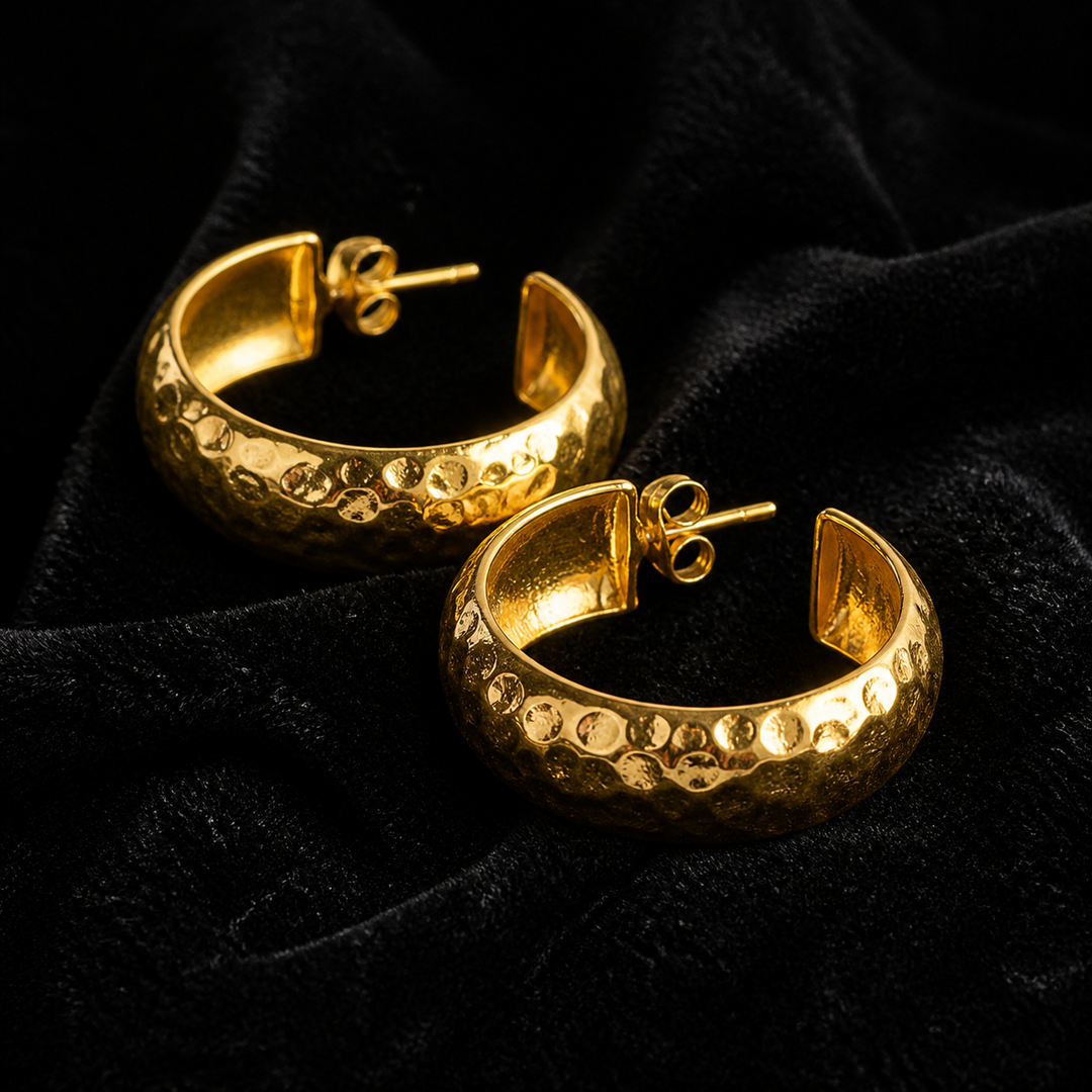 25 mm Hammered Hoop Earrings - Gold-Plated Brass - close-up detail - Tarashya Jewels