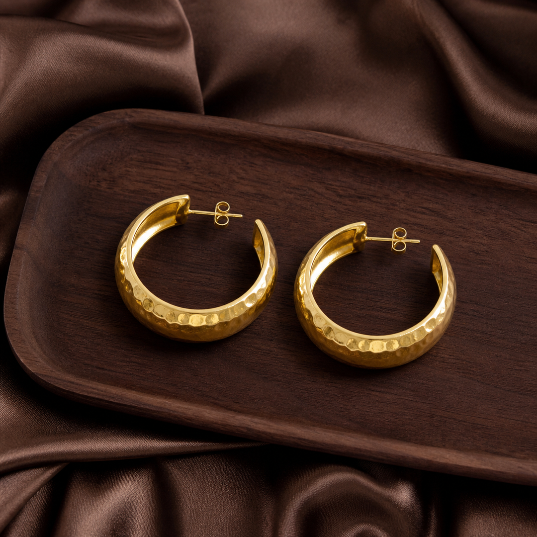 25 mm Hammered Hoop Earrings - Gold-Plated Brass - flat lay - Tarashya Jewels
