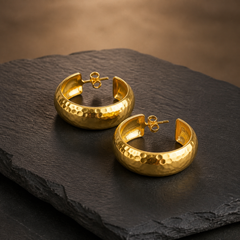 25 mm Hammered Hoop Earrings - Gold-Plated Brass - angled product view - Tarashya Jewels