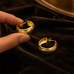 25 mm Hammered Hoop Earrings - Gold-Plated Brass - hand-held scale view - Tarashya Jewels