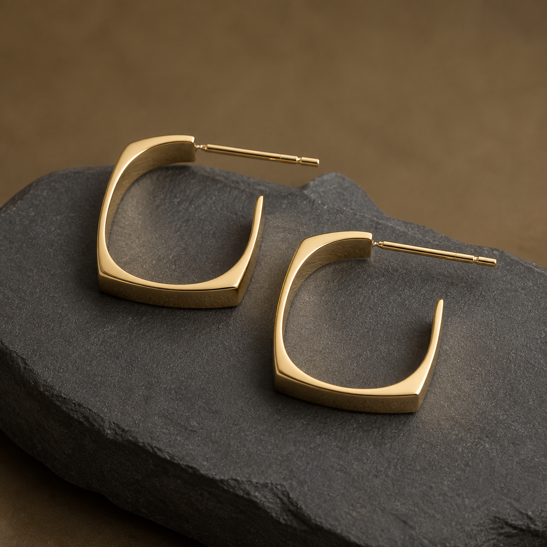Geometric Hoop Earrings - Gold-Plated Brass - angled product view - Tarashya Jewels