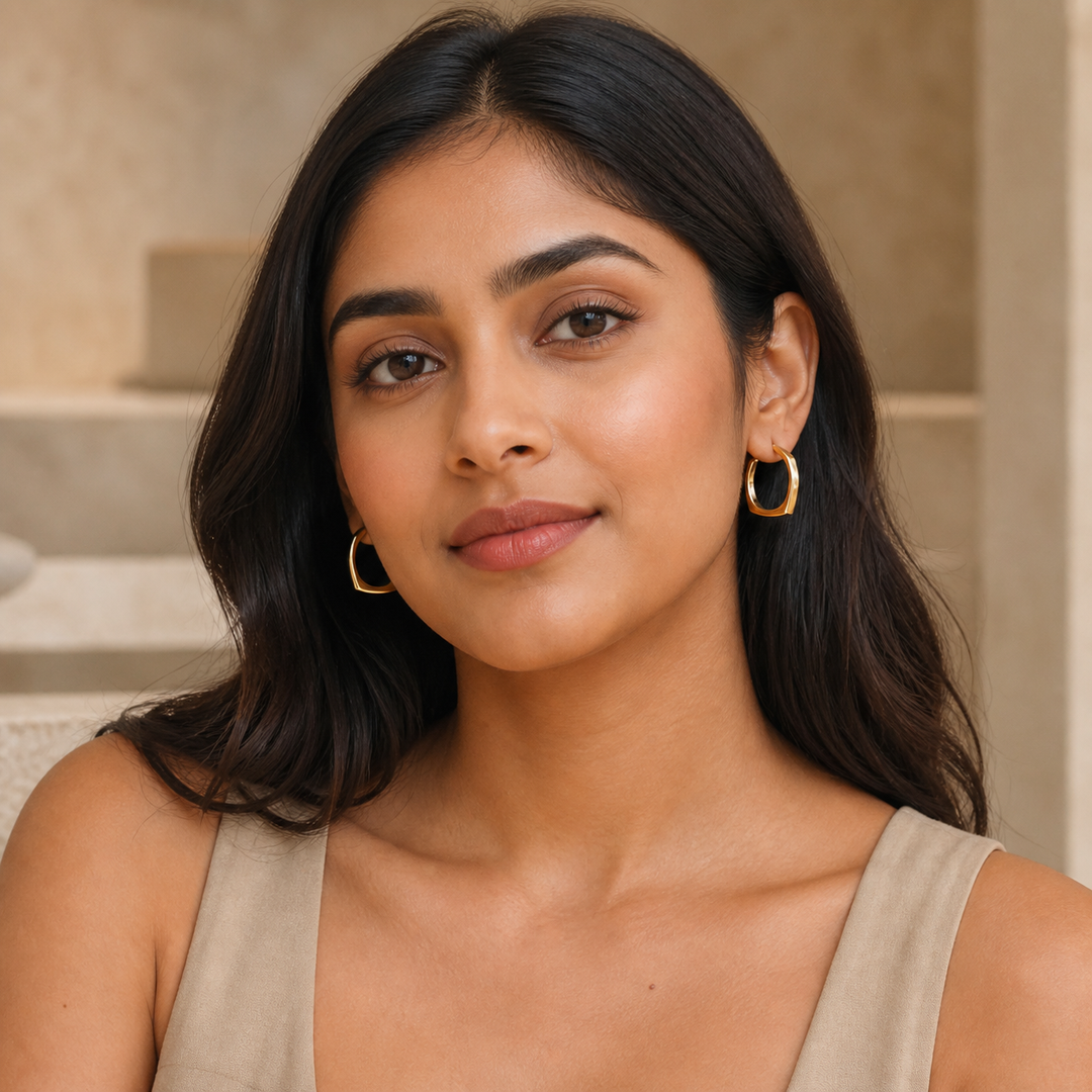 Geometric Hoop Earrings - Gold-Plated Brass - on-model detail - Tarashya Jewels