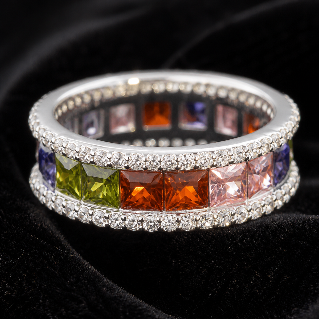 925 Sterling Silver Multicolor CZ Eternity Stack Ring - close-up detail - Tarashya Jewels