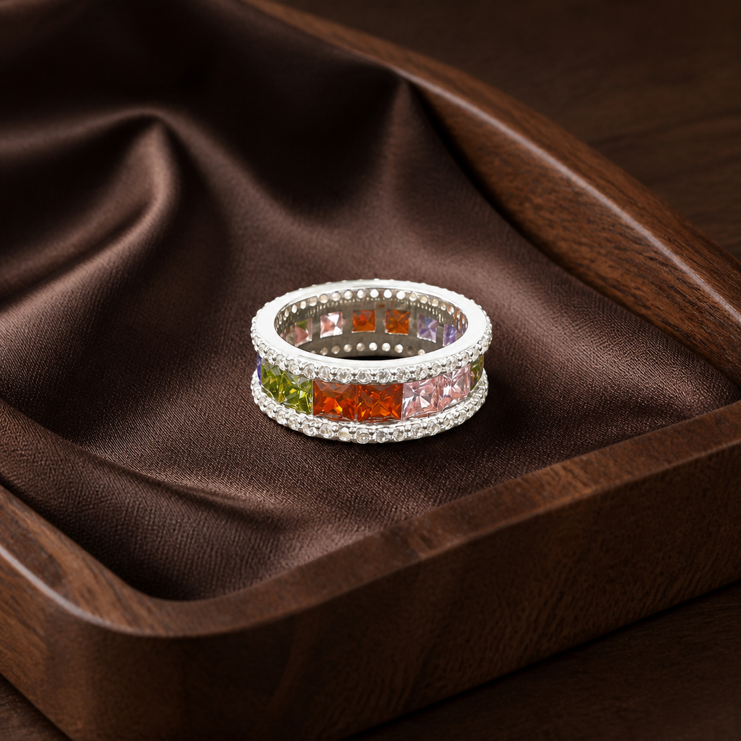 925 Sterling Silver Multicolor CZ Eternity Stack Ring - flat lay - Tarashya Jewels