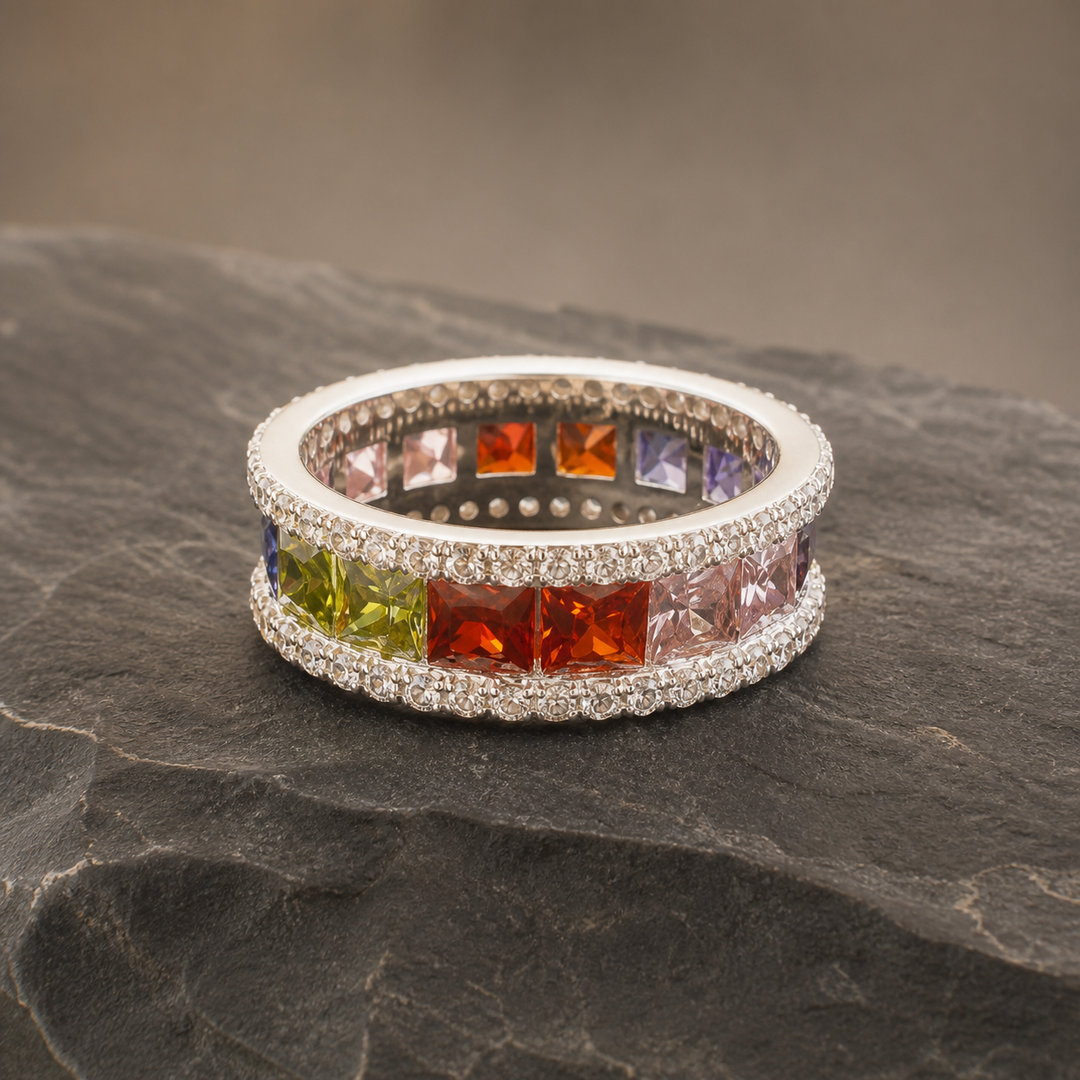 925 Sterling Silver Multicolor CZ Eternity Stack Ring - angled product view - Tarashya Jewels