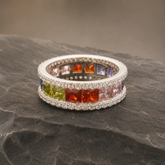 925 Sterling Silver Multicolor CZ Eternity Stack Ring - angled product view - Tarashya Jewels