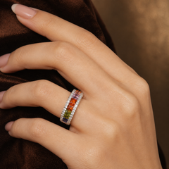 925 Sterling Silver Multicolor CZ Eternity Stack Ring - hand-held scale view - Tarashya Jewels