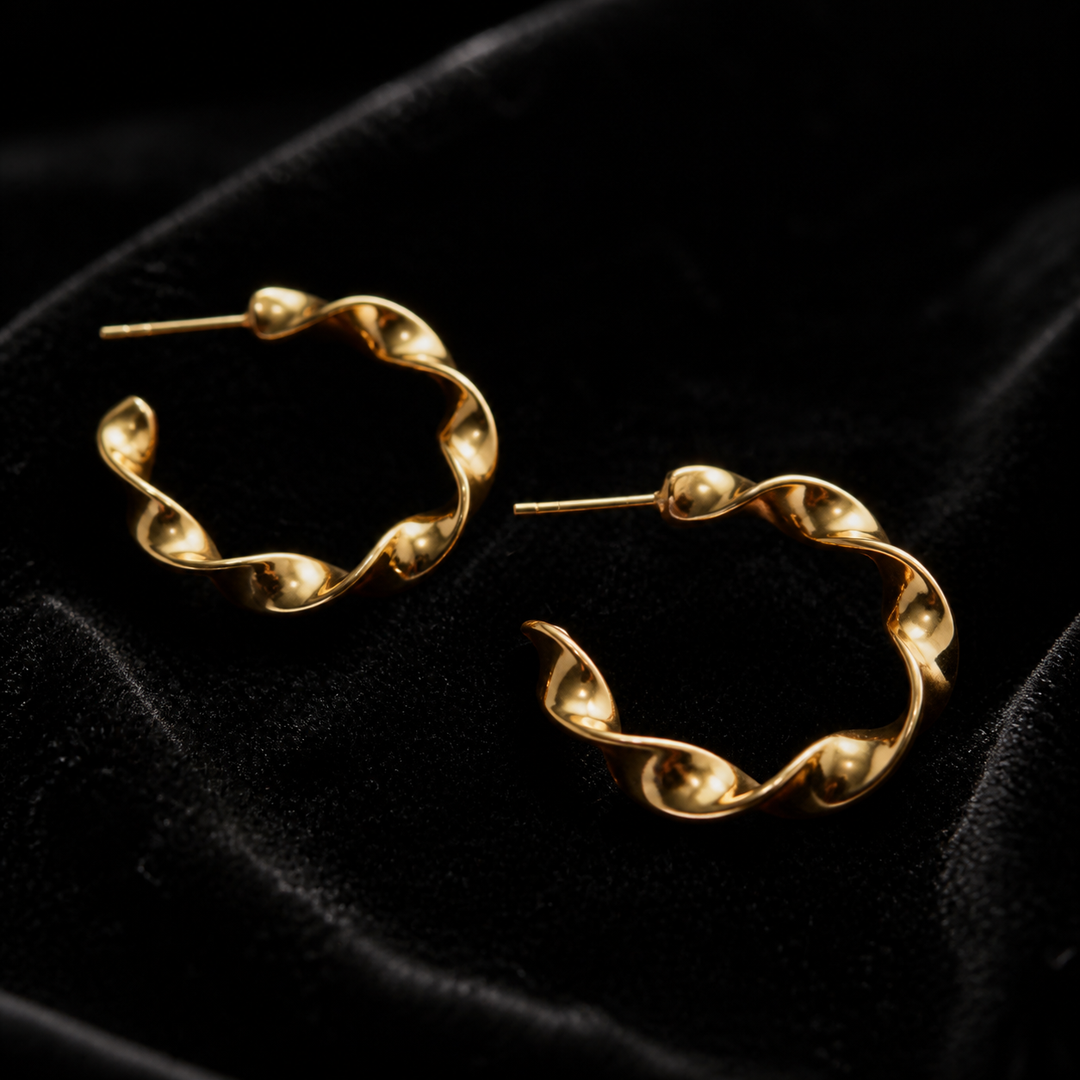 Spiral Twisted Hoop Earrings - Gold-Plated Brass - close-up detail - Tarashya Jewels
