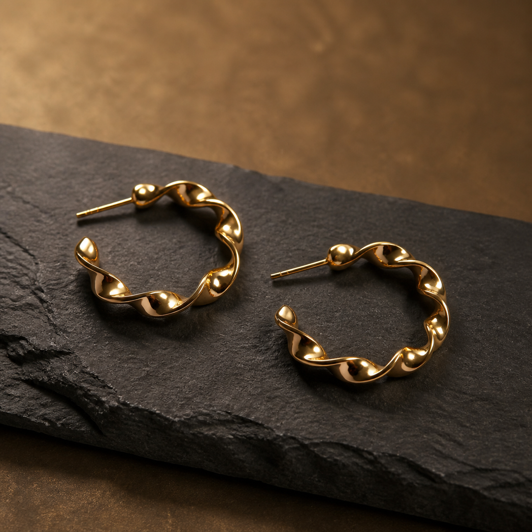 Spiral Twisted Hoop Earrings - Gold-Plated Brass - angled product view - Tarashya Jewels