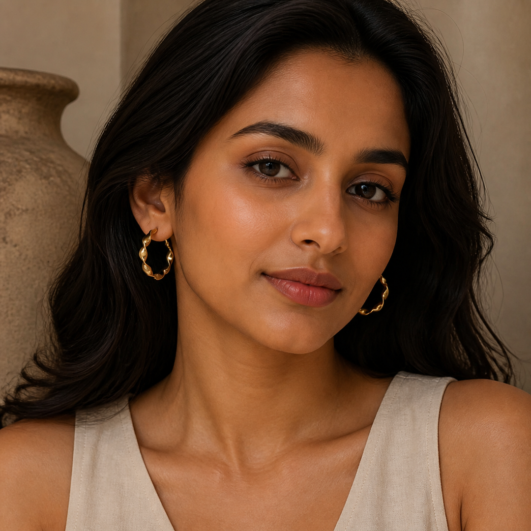 Spiral Twisted Hoop Earrings - Gold-Plated Brass - on-model detail - Tarashya Jewels