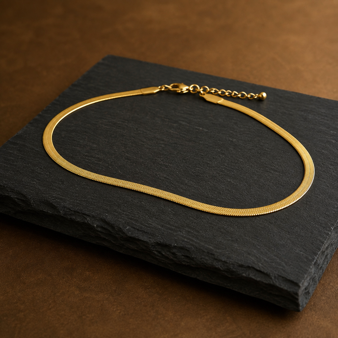 3 mm Flat Snake Chain - Brass - angled product view - Tarashya Jewels