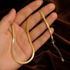 3 mm Flat Snake Chain - Brass - hand-held scale view - Tarashya Jewels