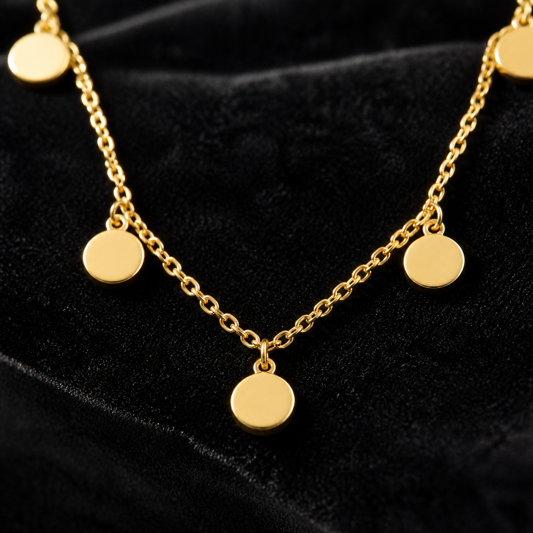 Small Coin Necklace - Brass - close-up detail - Tarashya Jewels