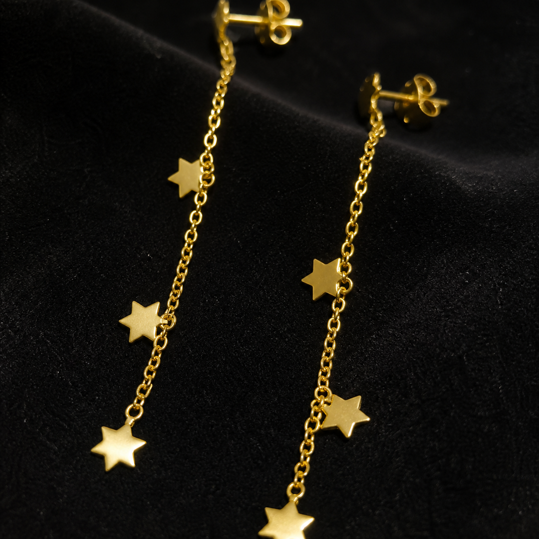 55 mm Star String Earrings - Brass - close-up detail - Tarashya Jewels