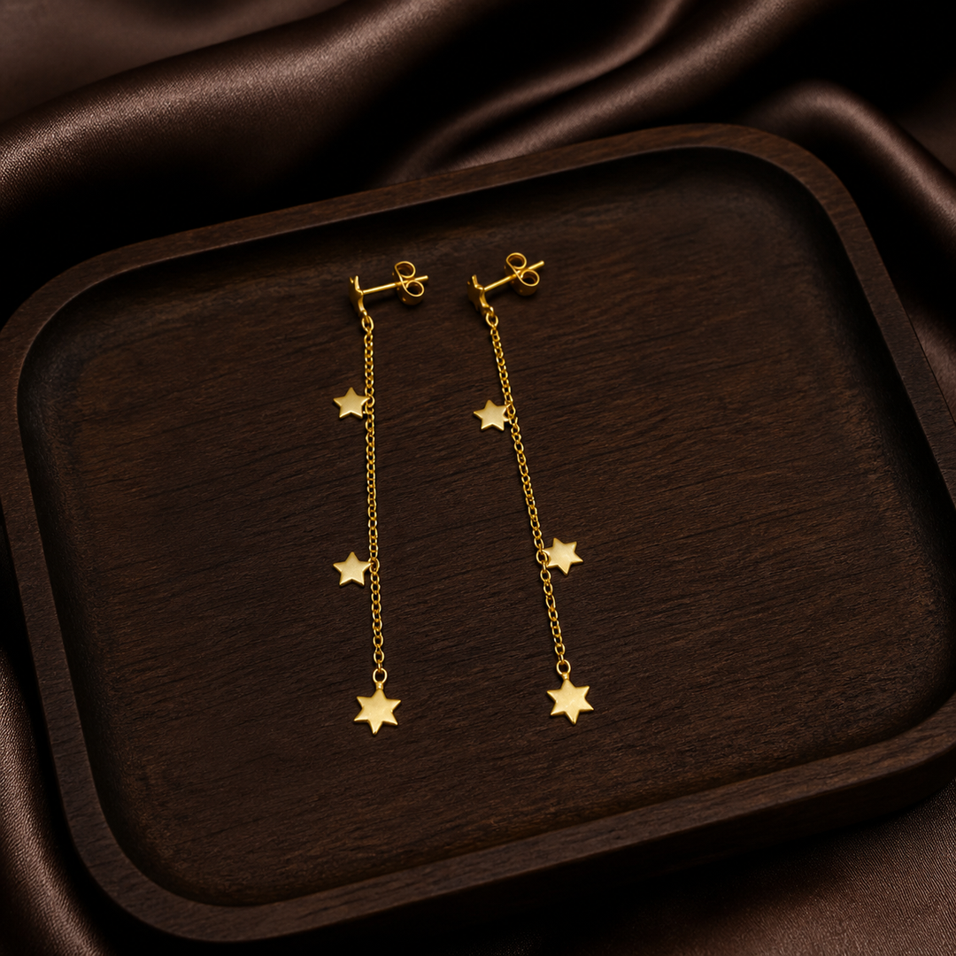 55 mm Star String Earrings - Brass - flat lay - Tarashya Jewels