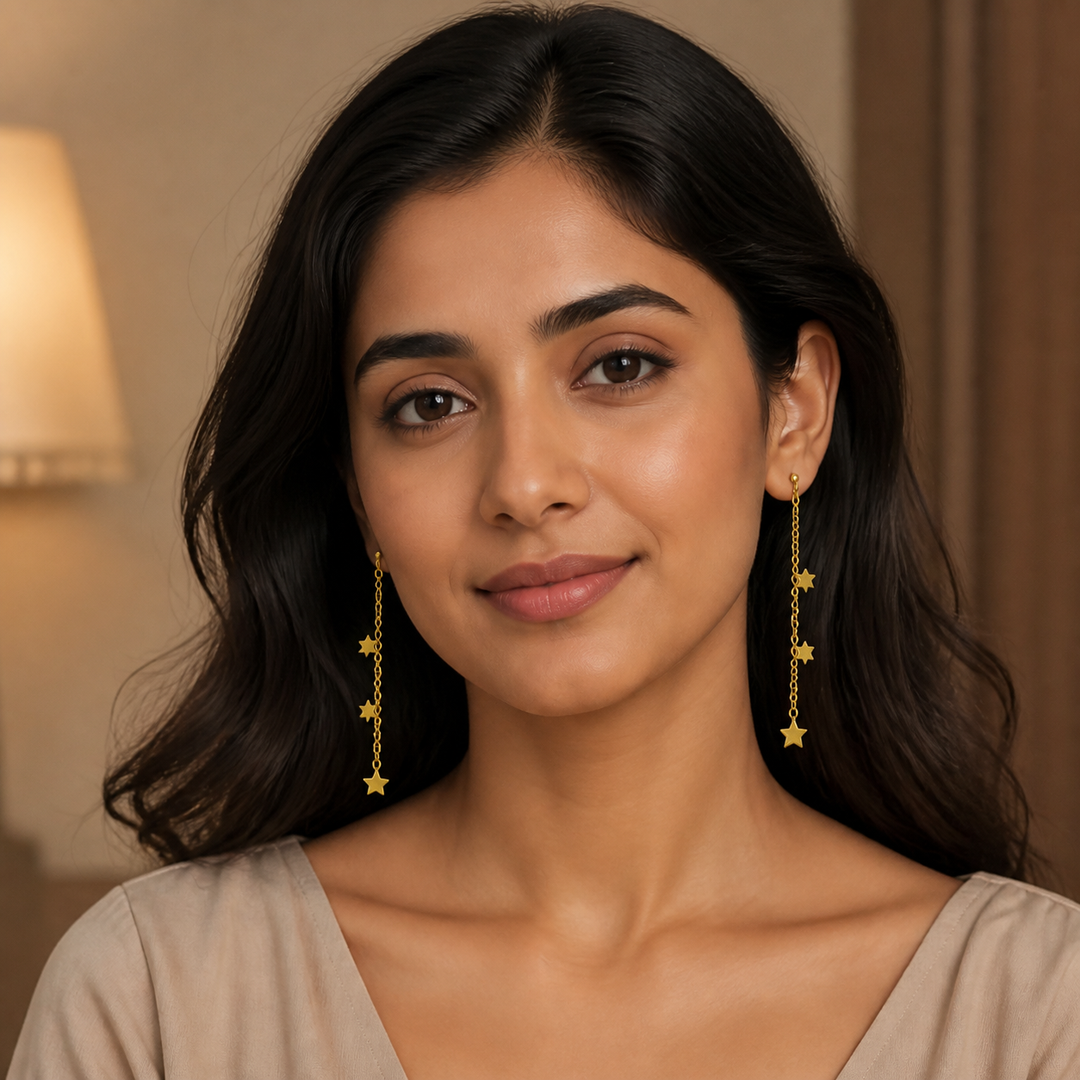 55 mm Star String Earrings - Brass - on-model detail - Tarashya Jewels
