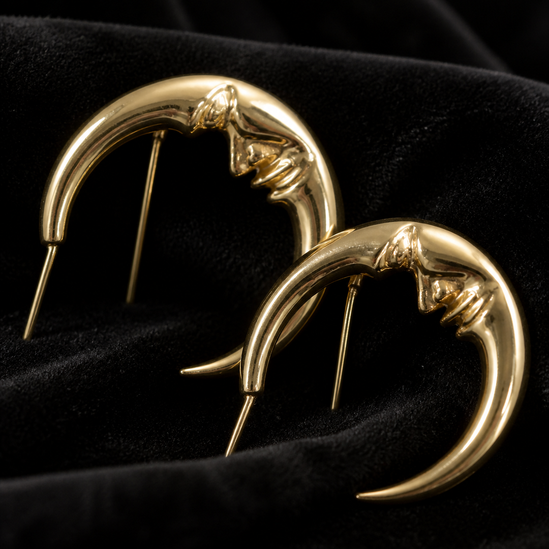 Moon Face Hoop Earrings - Brass - close-up detail - Tarashya Jewels