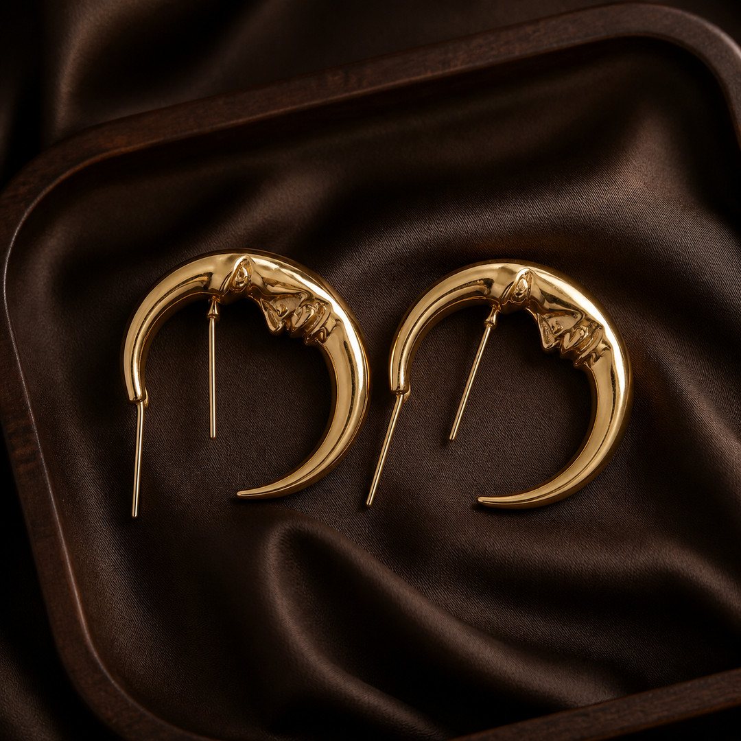 Moon Face Hoop Earrings - Brass - flat lay - Tarashya Jewels