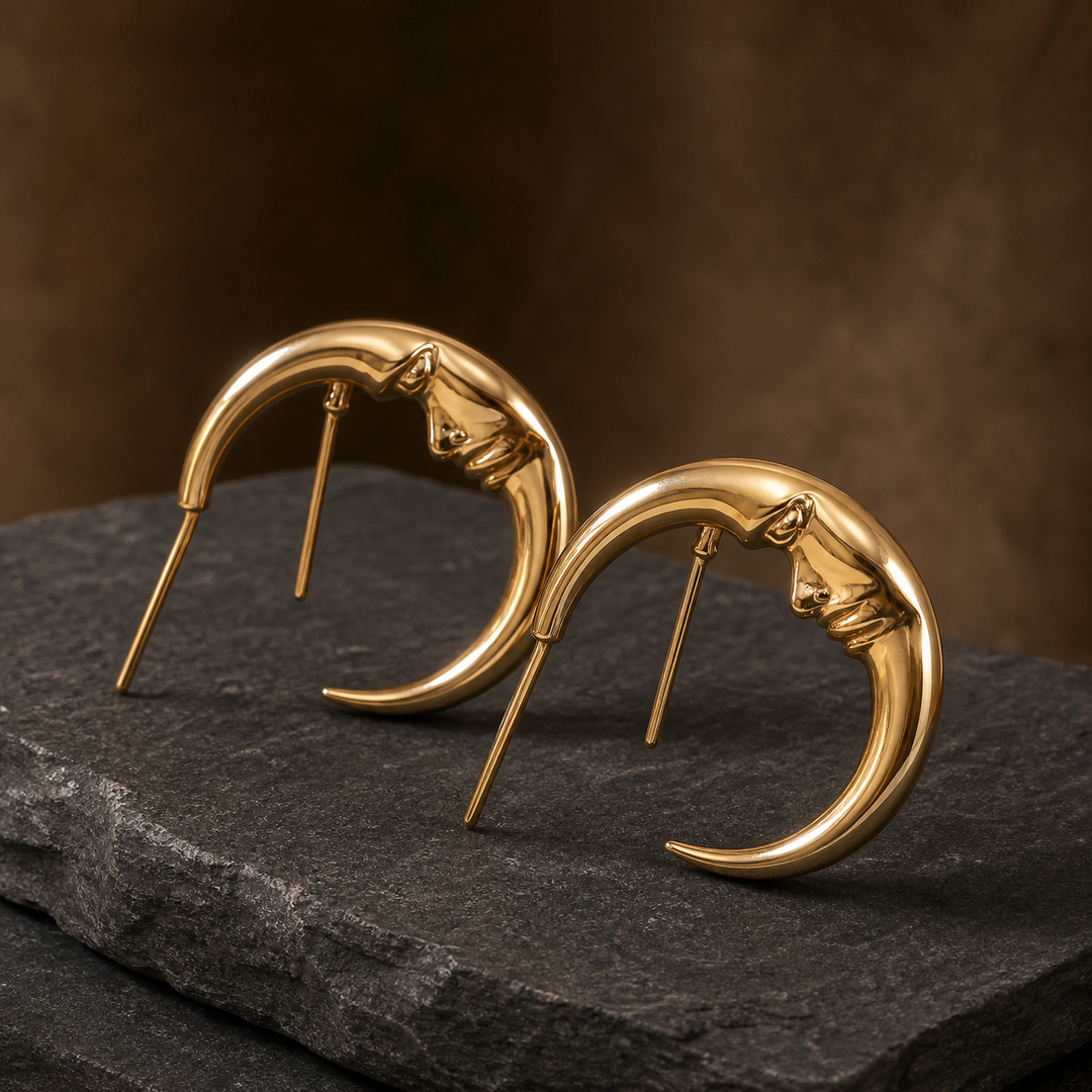 Moon Face Hoop Earrings - Brass - angled product view - Tarashya Jewels