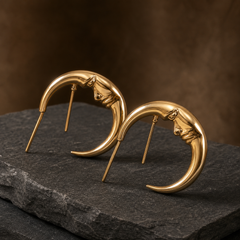 Moon Face Hoop Earrings - Brass - angled product view - Tarashya Jewels