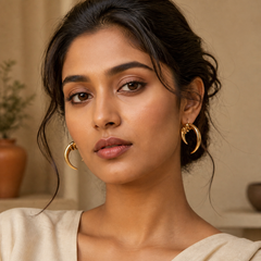 Moon Face Hoop Earrings - Brass - on-model detail - Tarashya Jewels